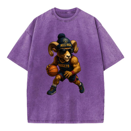 Mile High Bighorn wearing Nuggets beanie with mountain patch and wayfarer - Vintage T-shirt - Purple