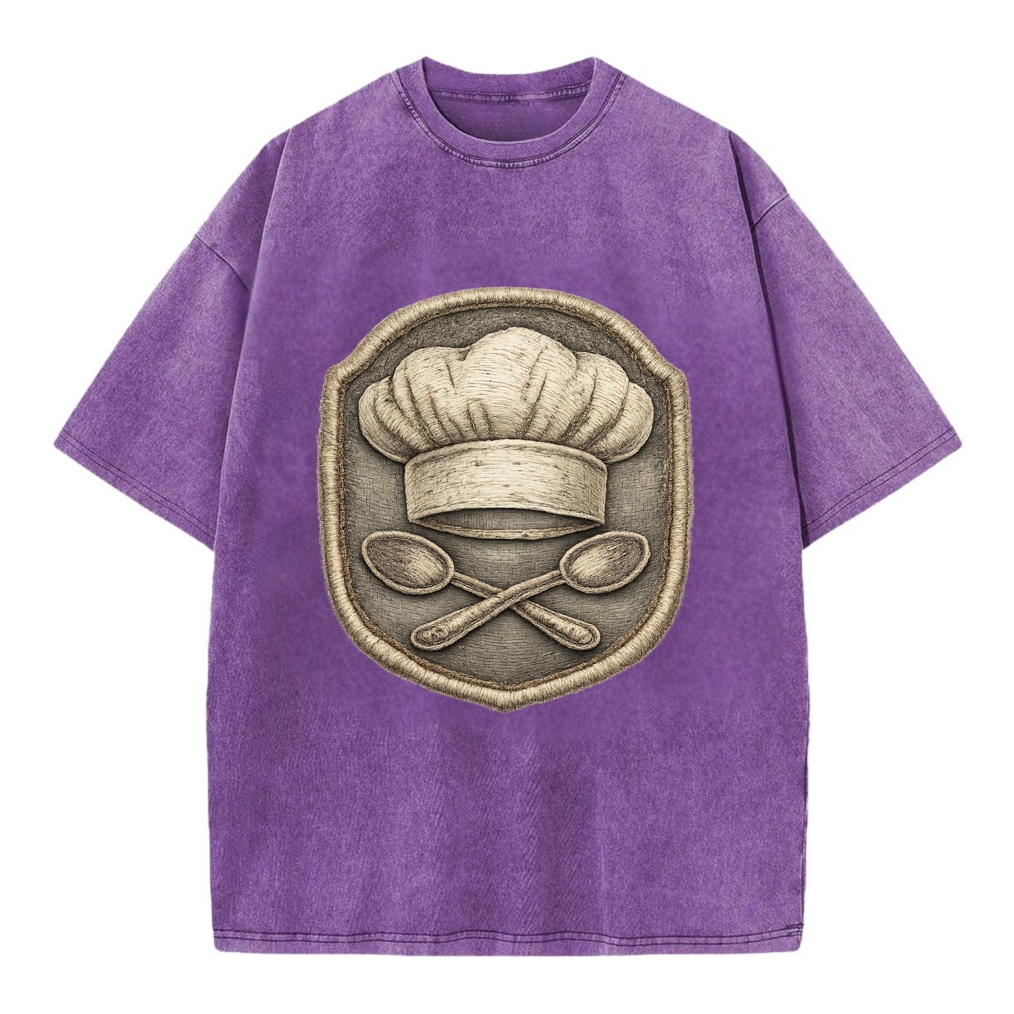 Embroidered patch design - COOKING CHEF HAT - toque blanche with crossed spoons - Vintage T-shirt - Purple