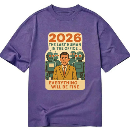 Single human worker surrounded by robot coworkers - "The last human in the office" - Classic T-shirt - Purple