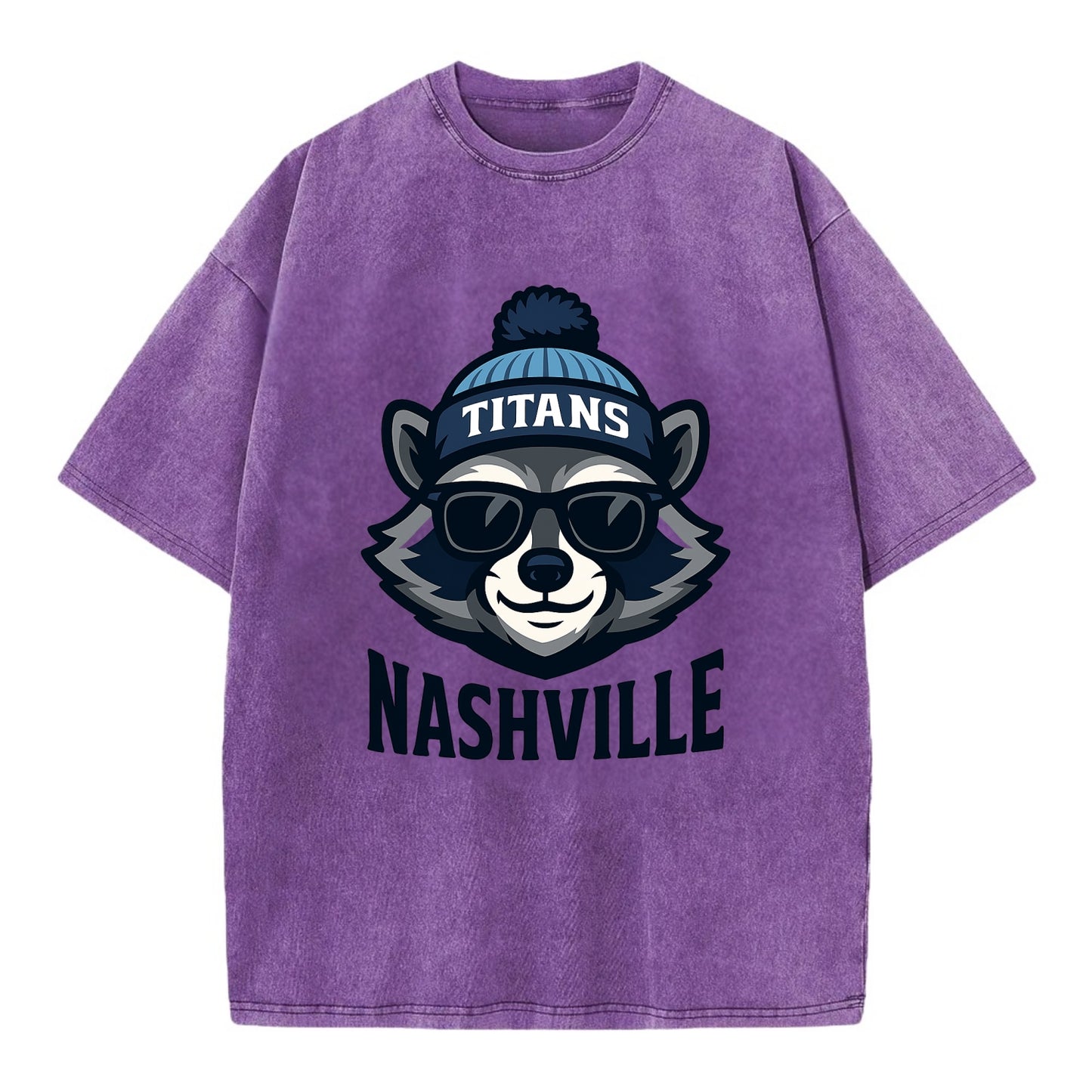 Nashville Raccoon wearing Titans navy and light blue beanie with pom pom and - Vintage T-shirt - Purple