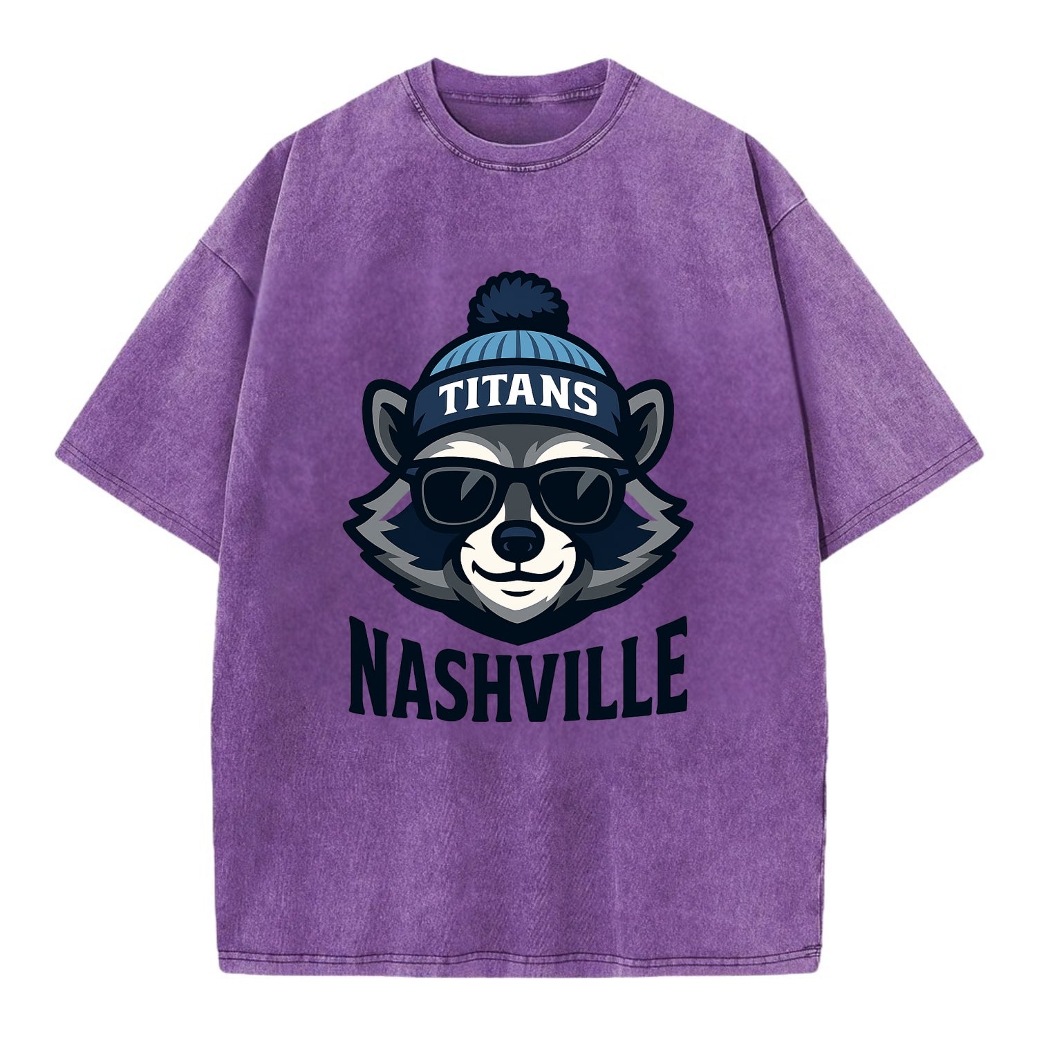 Nashville Raccoon wearing Titans navy and light blue beanie with pom pom and - Vintage T-shirt - Purple
