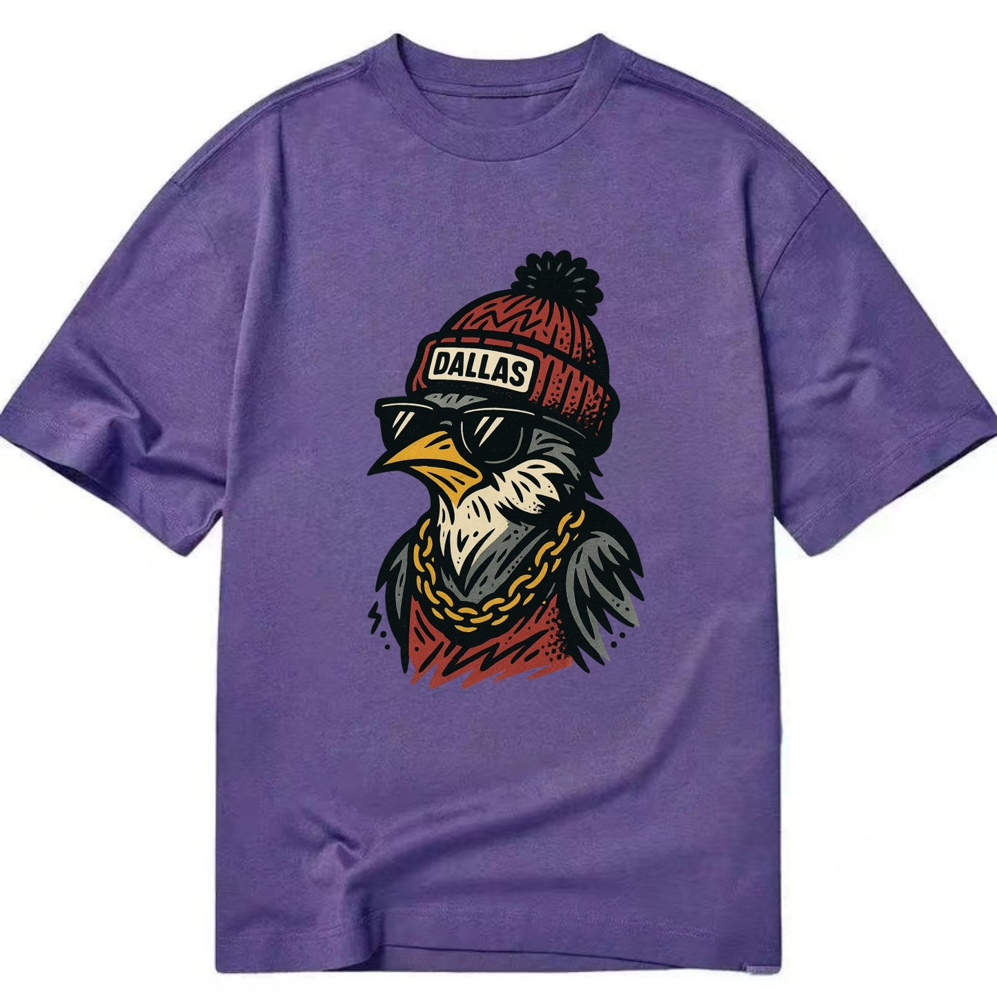 Dallas Mockingbird wearing Dallas beanie with pom pom and wayfarer sunglasses - Classic T-shirt - Purple