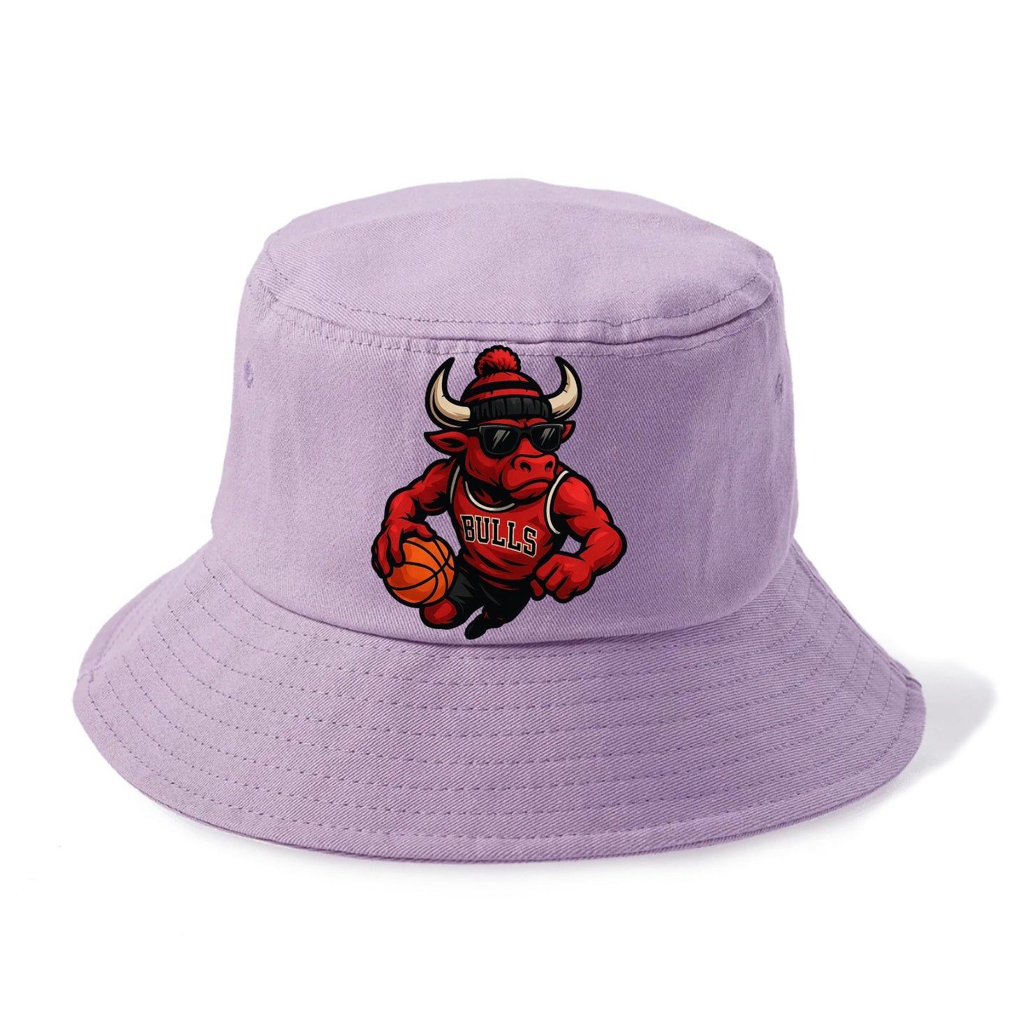 Chicago Bull wearing Bulls red and black beanie with horns design and wayfarer - Bucket Hat - Purple