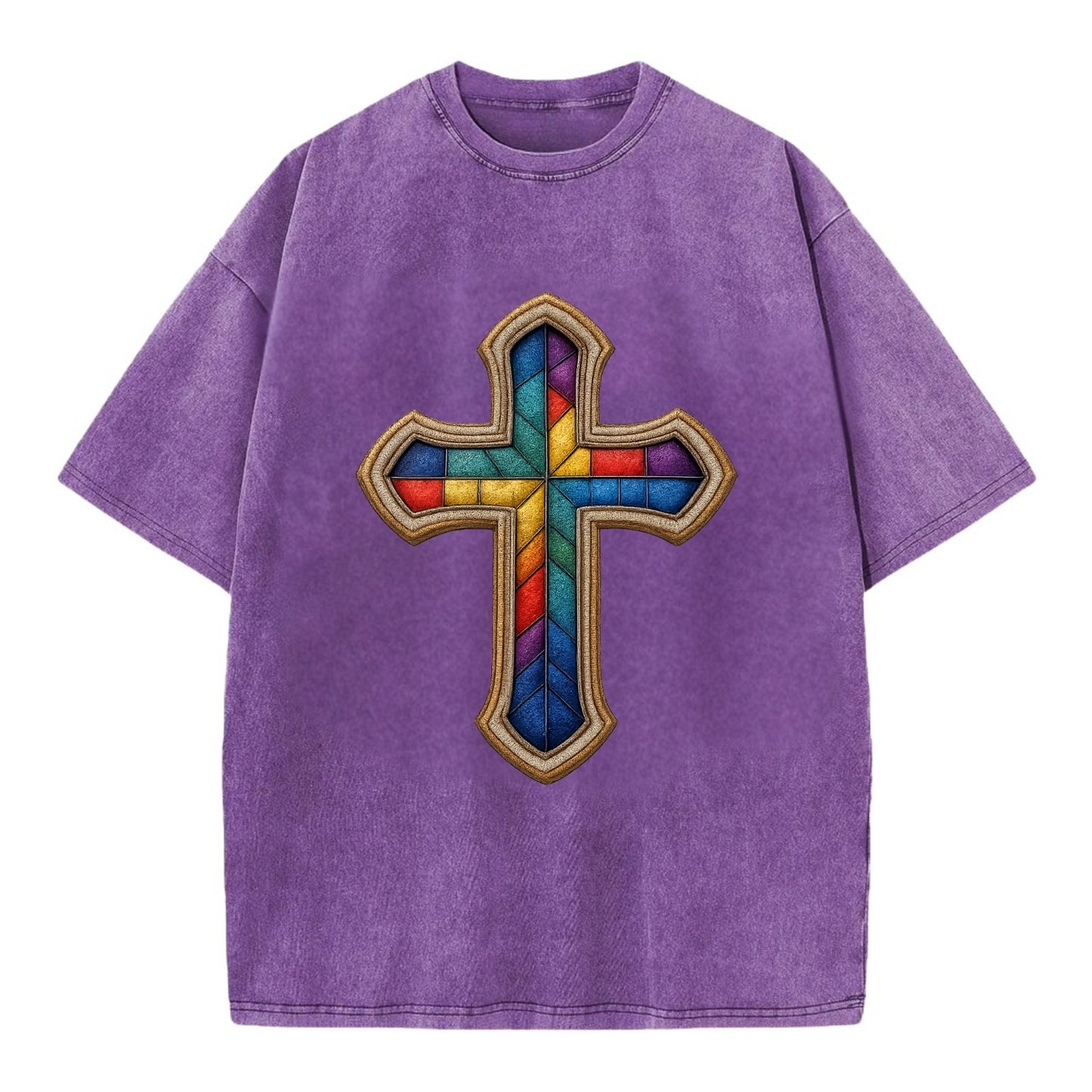 Stained Glass Cross  - Vintage T-shirt - Purple