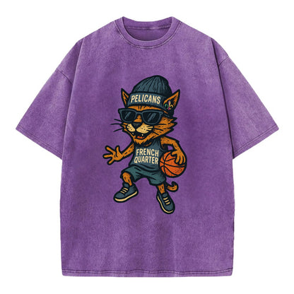 French Quarter Cat wearing Pelicans beanie with Mardi Gras patch and wayfarer - Vintage T-shirt - Purple
