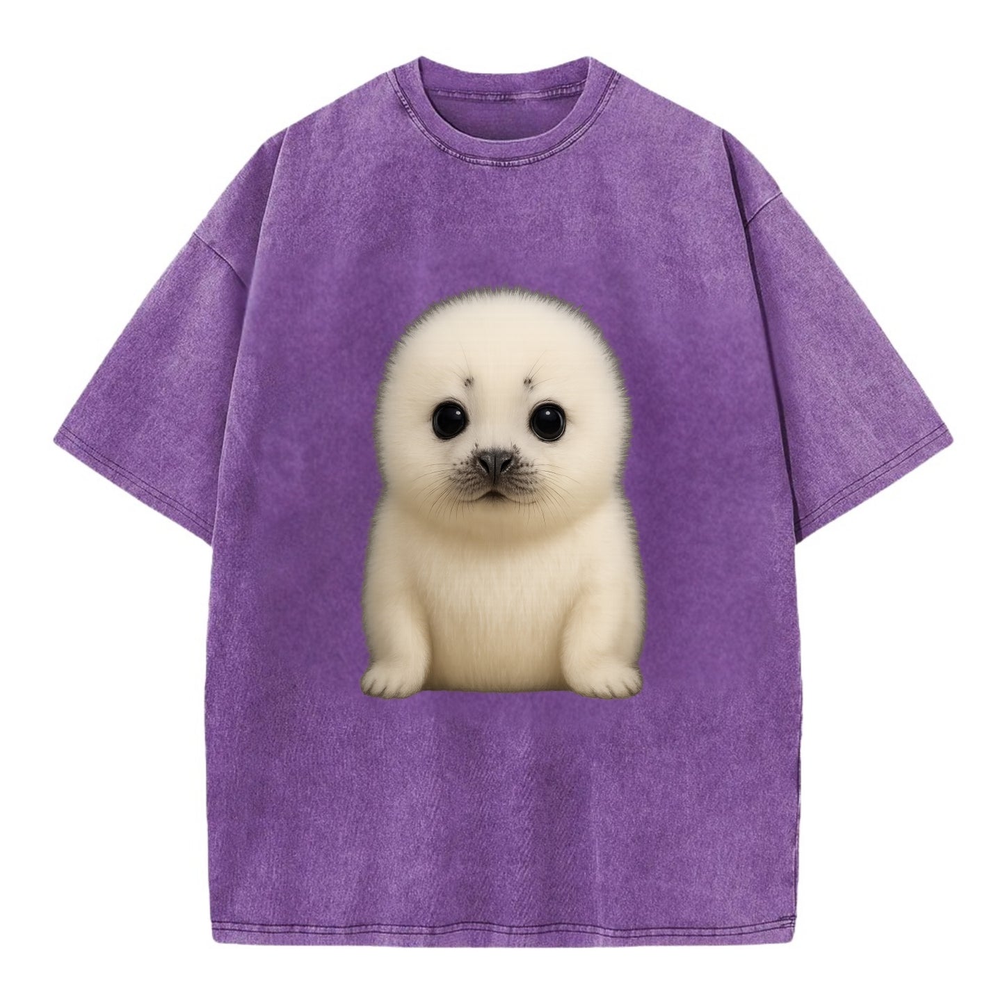 Baby Harp Seal - pure white fluffy fur, enormous dark eyes, front-facing, iconic - Vintage T-shirt - Purple