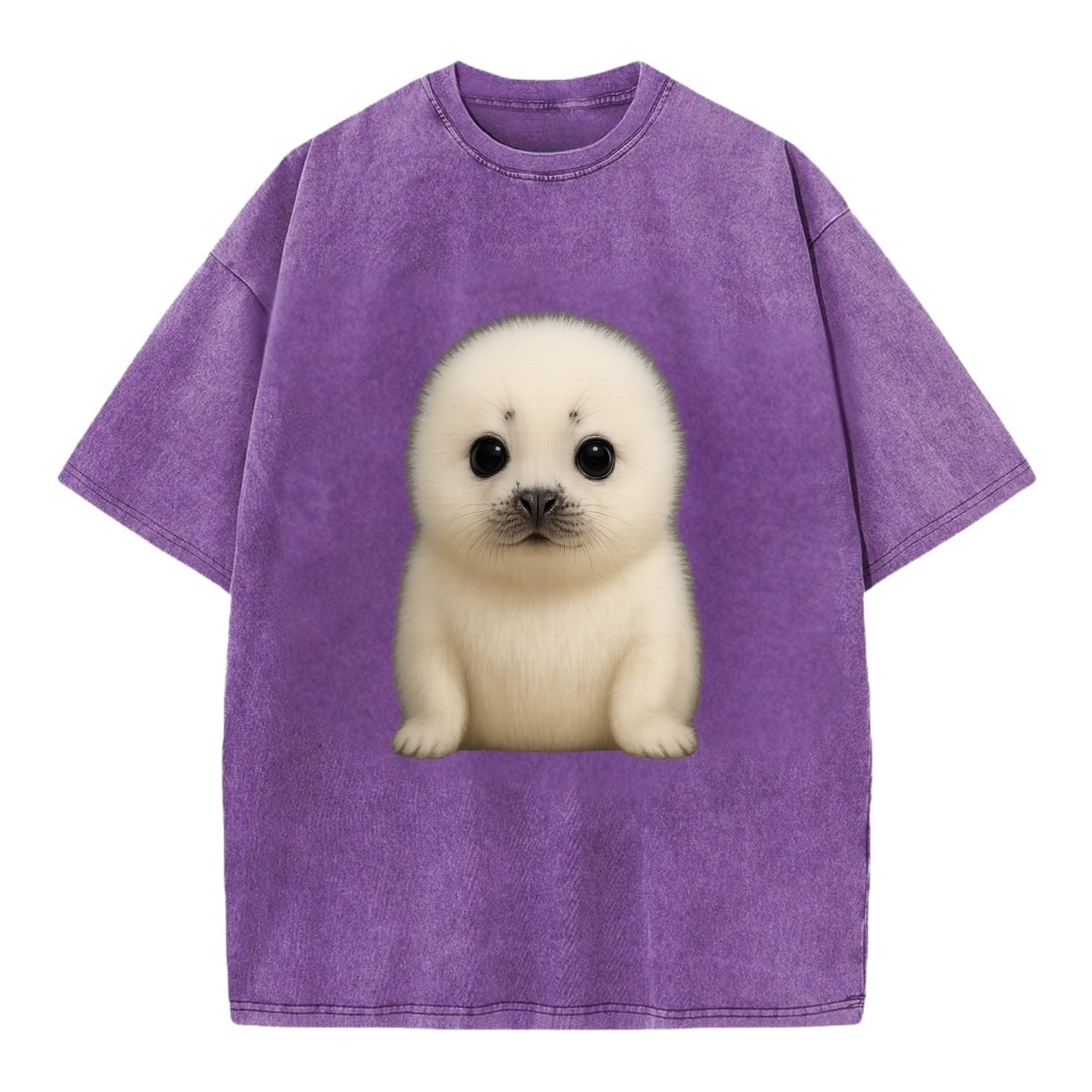 Baby Harp Seal - pure white fluffy fur, enormous dark eyes, front-facing, iconic - Vintage T-shirt - Purple