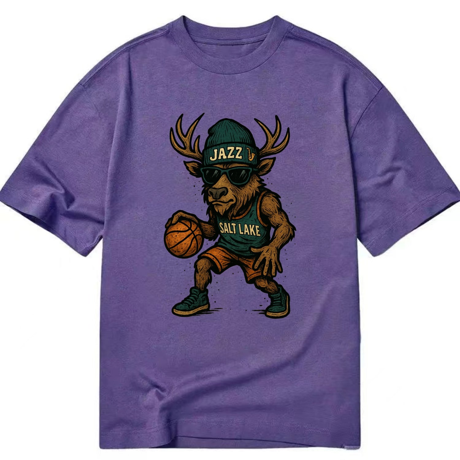 Salt Lake Elk wearing Jazz beanie with saxophone patch and wayfarer sunglasses - Classic T-shirt - Purple