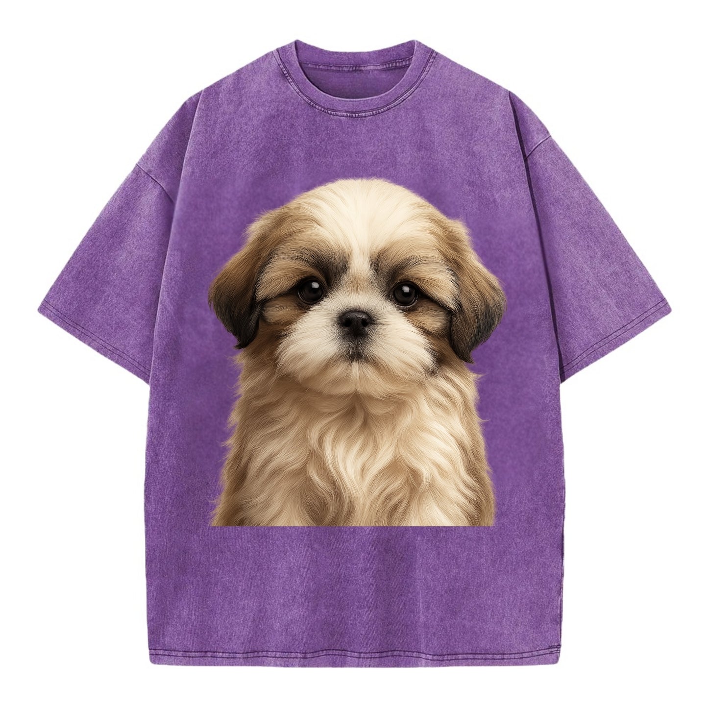 Baby Shih Tzu Puppy - long flowing coat, flat face, big dark eyes, front-facing, - Vintage T-shirt - Purple