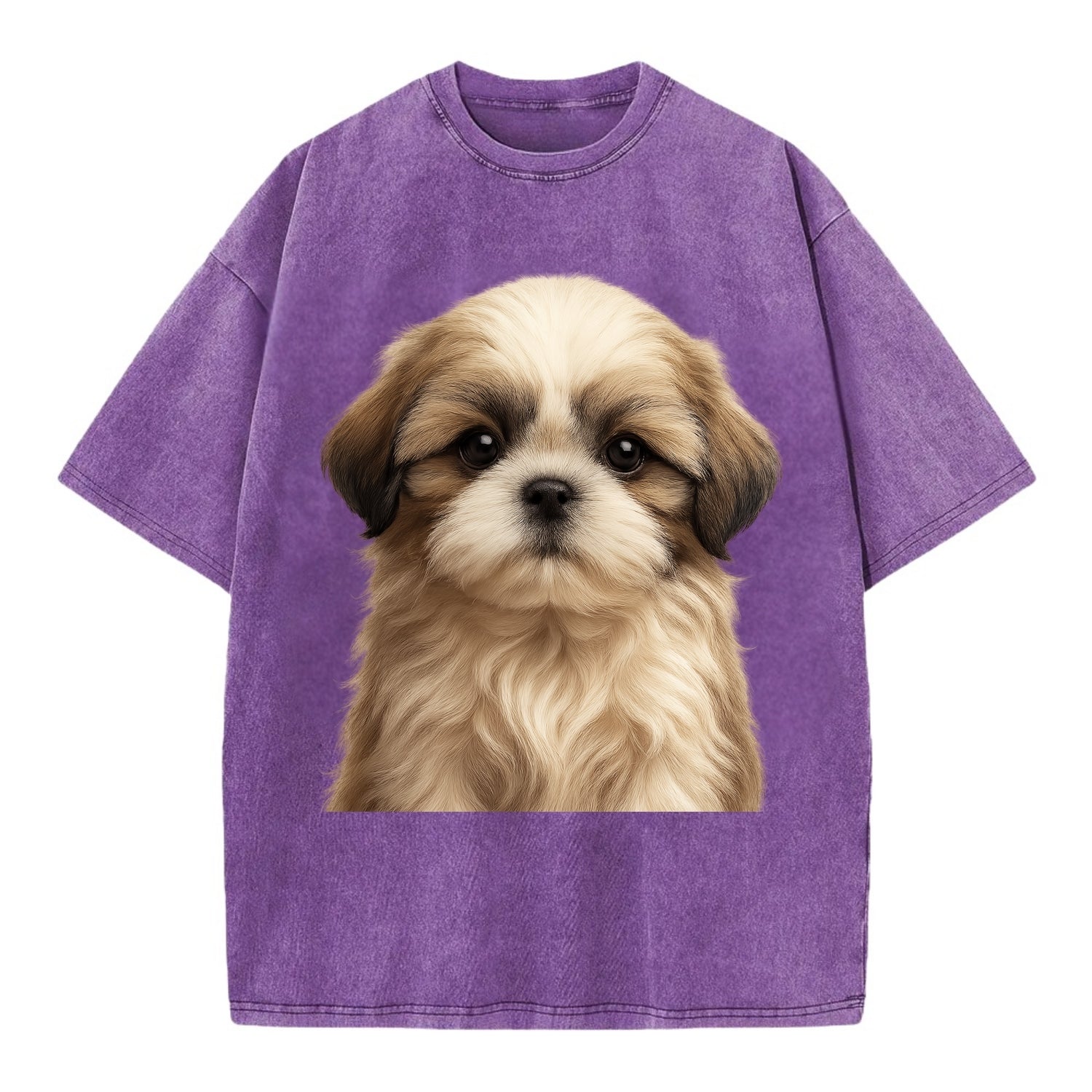 Baby Shih Tzu Puppy - long flowing coat, flat face, big dark eyes, front-facing, - Vintage T-shirt - Purple
