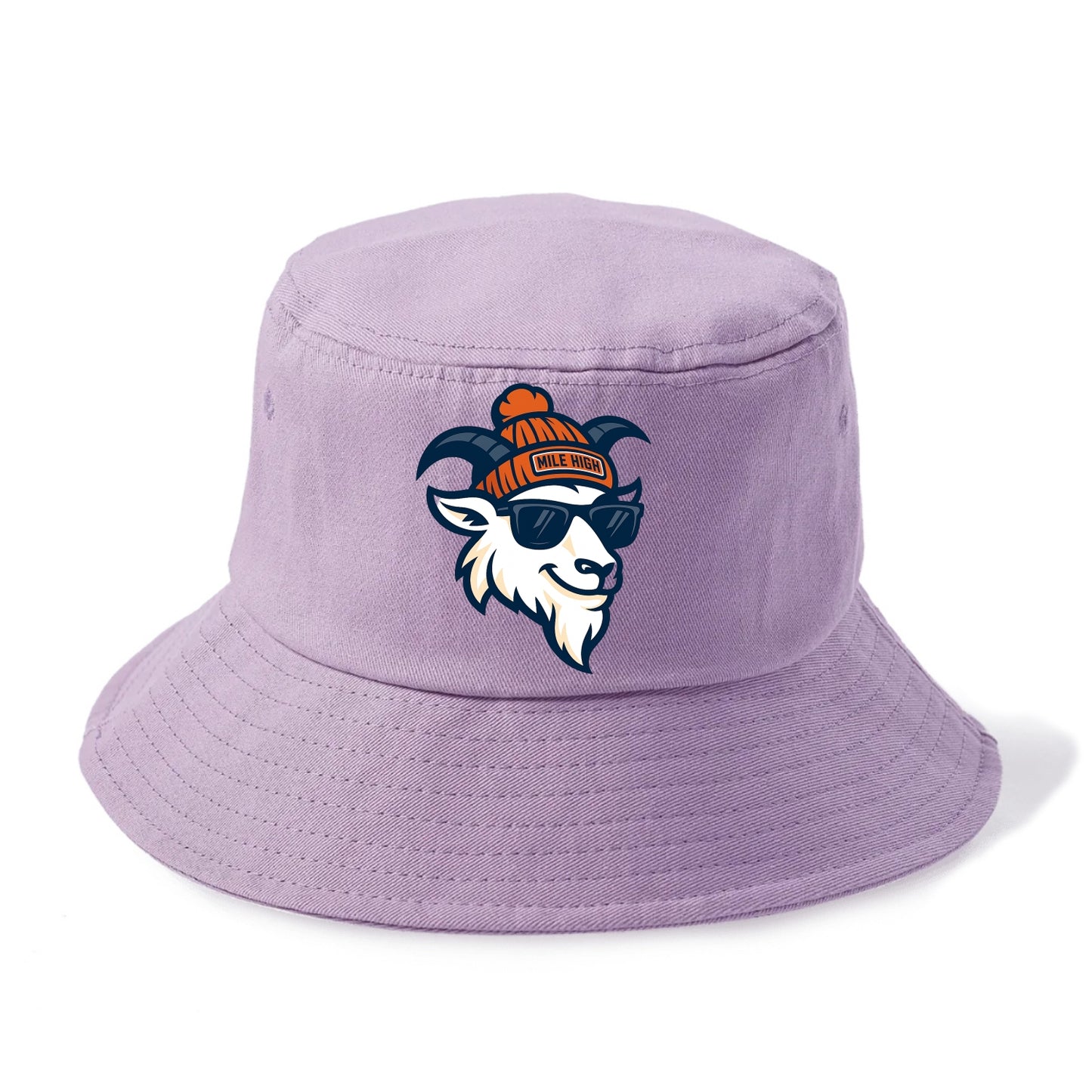Denver Mountain Goat wearing Broncos beanie with Mile High patch and wayfarer - Bucket Hat - Purple
