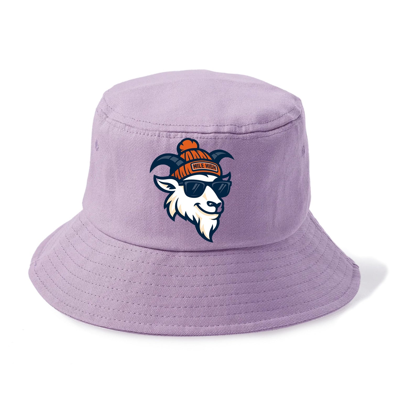 Denver Mountain Goat wearing Broncos beanie with Mile High patch and wayfarer - Bucket Hat - Purple