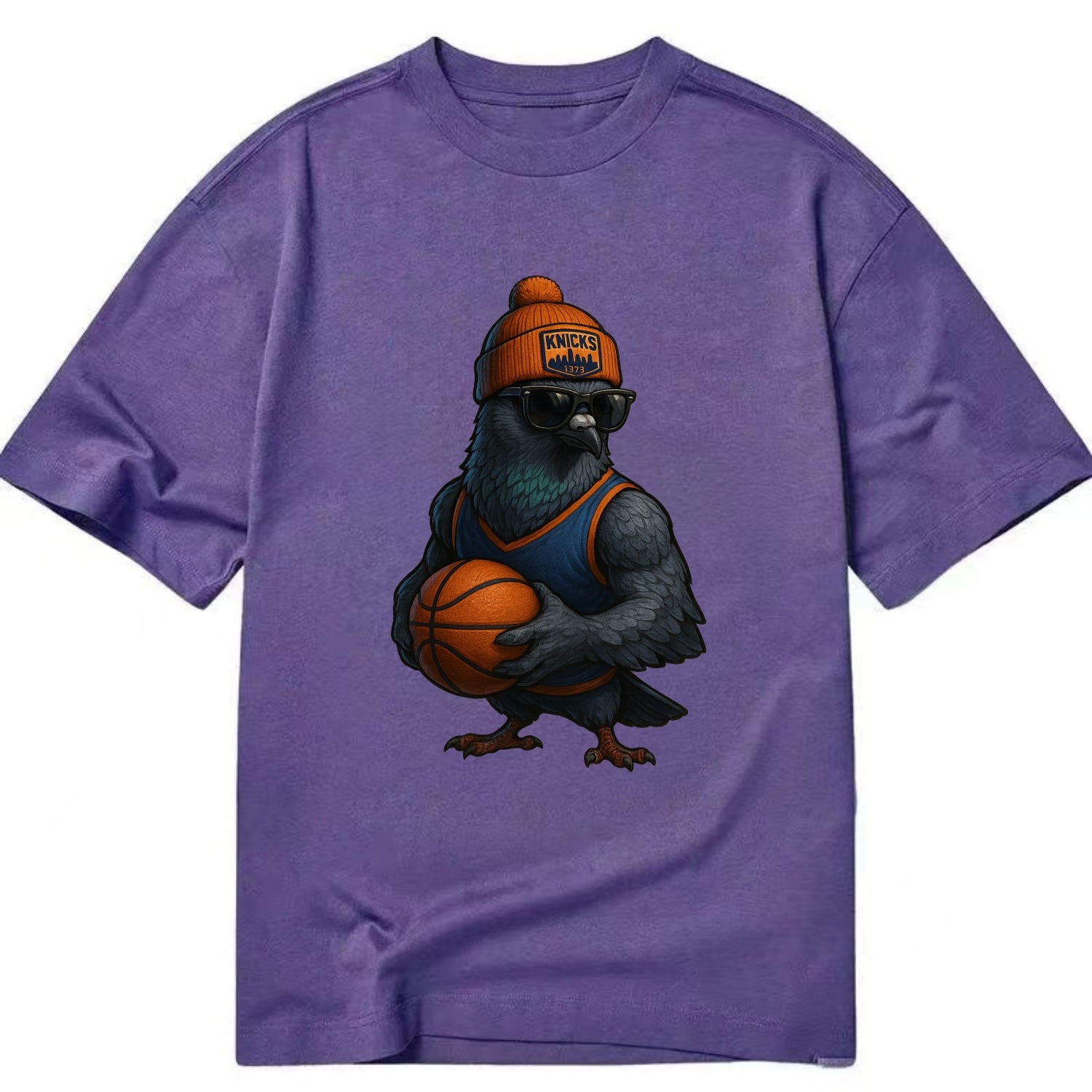 Manhattan Pigeon wearing Knicks beanie with skyline patch and wayfarer sunglasses - Classic T-shirt - Purple