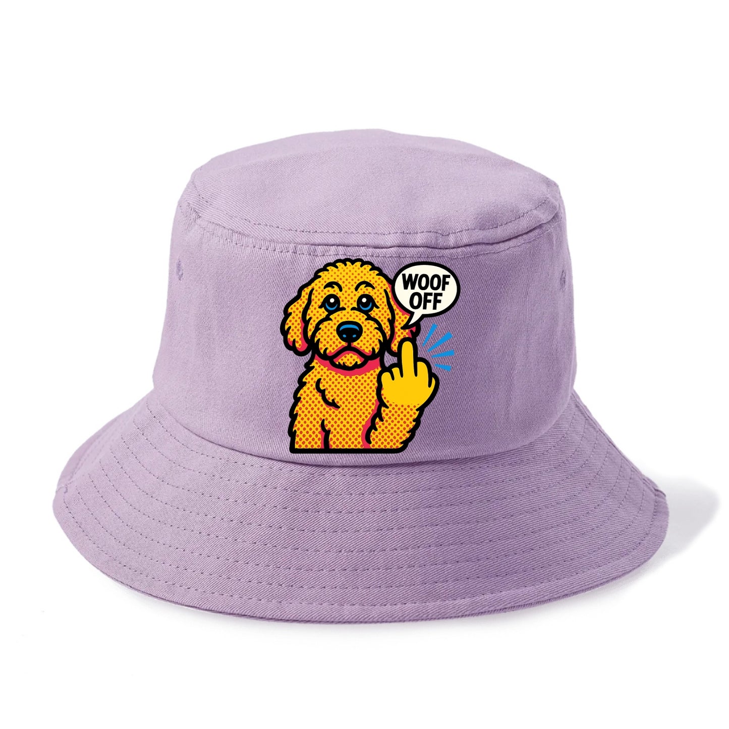 Goldendoodle with teddy bear face and curly golden coat, friendly paw flipping off - Bucket Hat - Purple