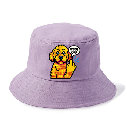 Goldendoodle with teddy bear face and curly golden coat, friendly paw flipping off - Bucket Hat - Purple