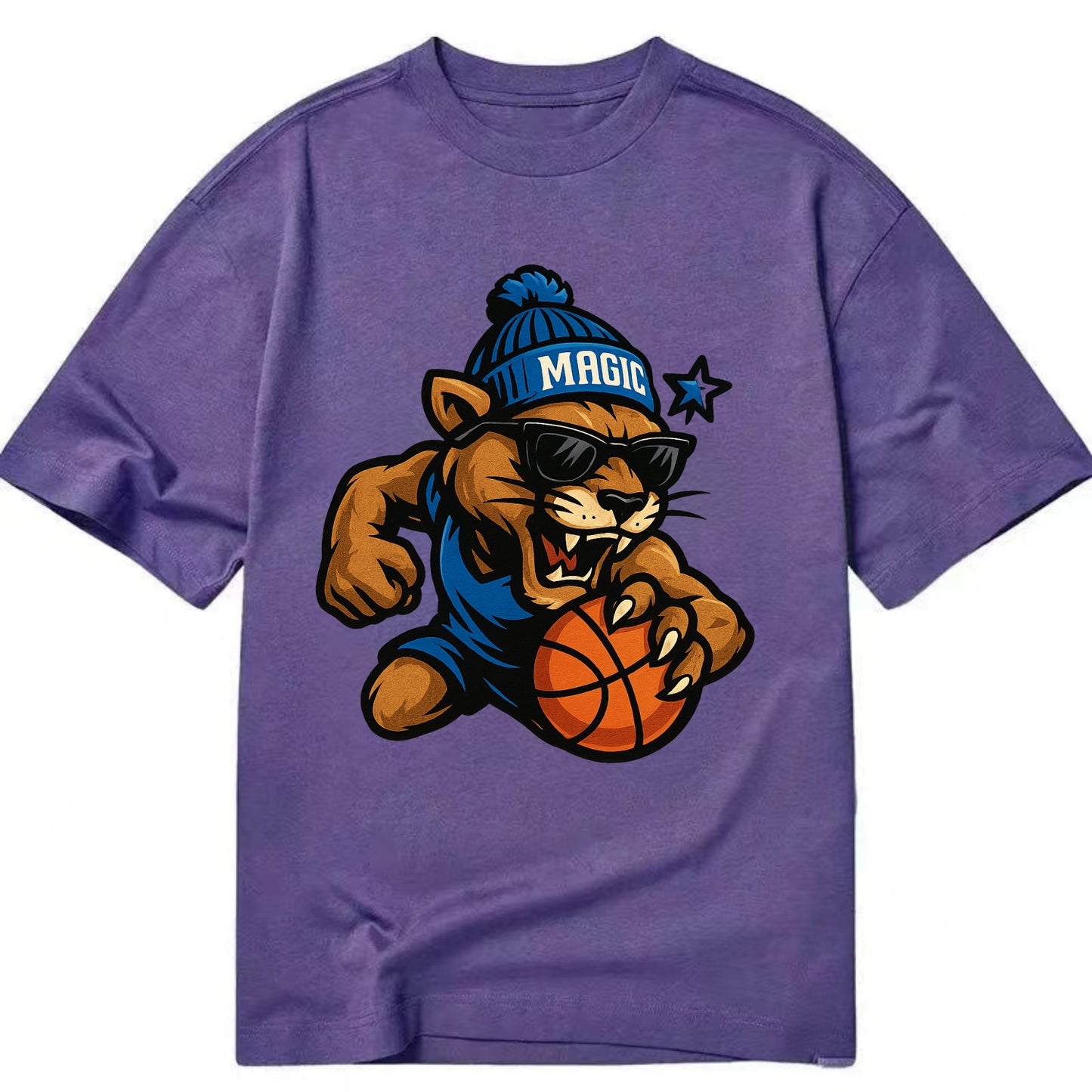 Florida Panther wearing Magic beanie with star wand patch and wayfarer sunglasses - Classic T-shirt - Purple
