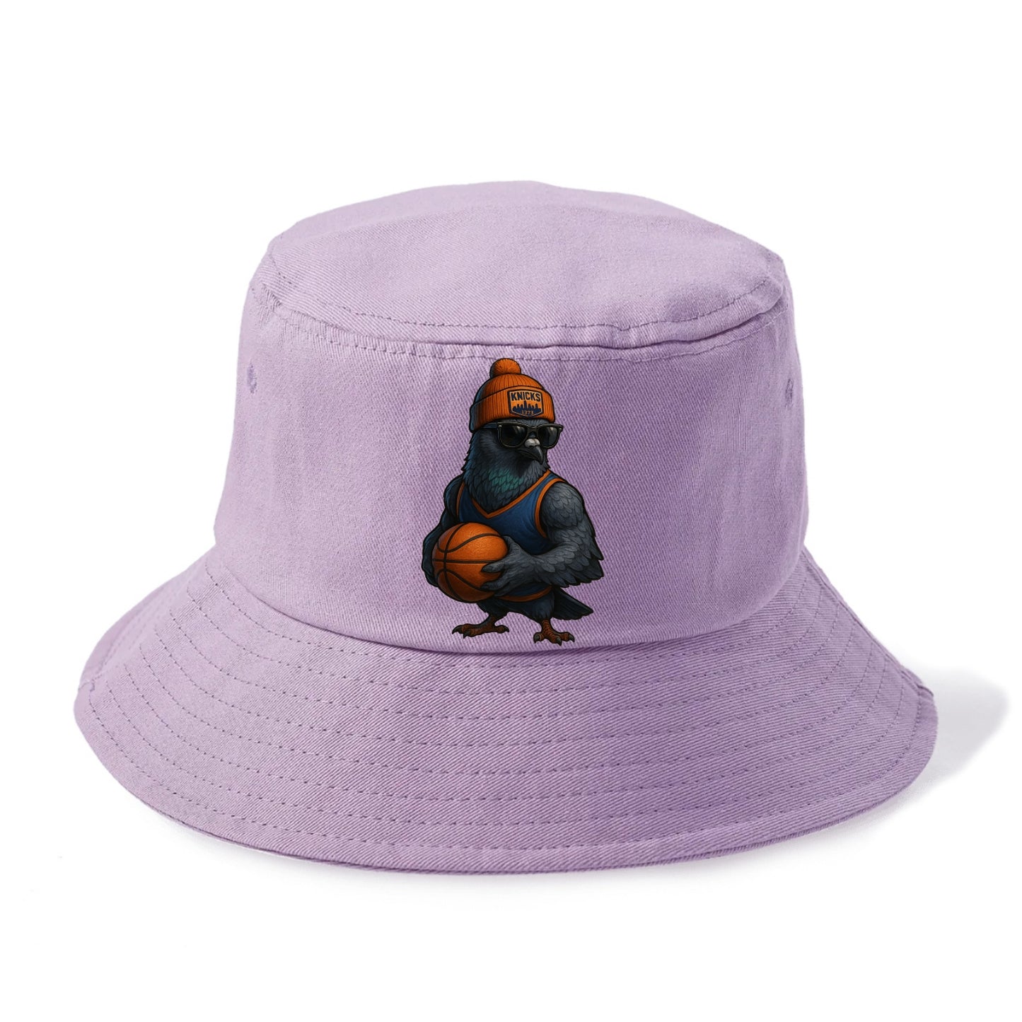 Manhattan Pigeon wearing Knicks beanie with skyline patch and wayfarer sunglasses - Bucket Hat - Purple