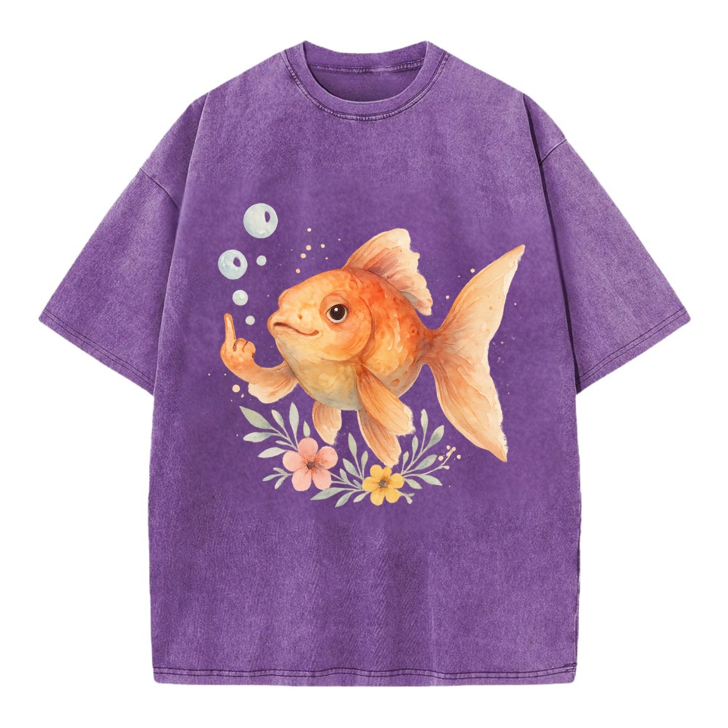 chubby goldfish blowing bubbles, one fin extended like middle finger - Vintage T-shirt - Purple