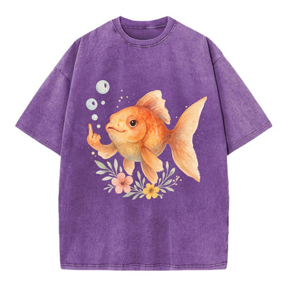 chubby goldfish blowing bubbles, one fin extended like middle finger - Vintage T-shirt - Purple