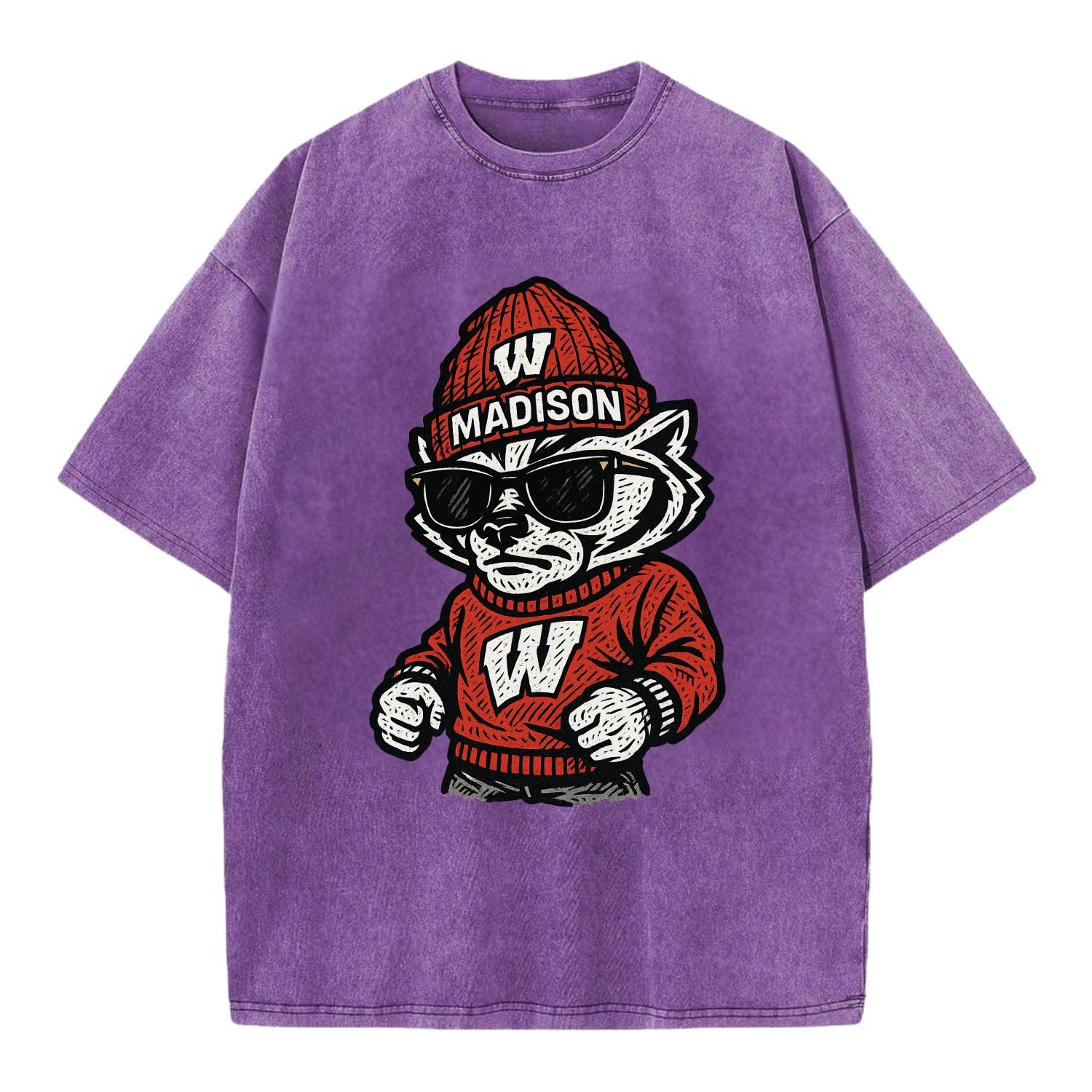 Madison Badger wearing Wisconsin beanie with motion W patch - Vintage T-shirt - Purple