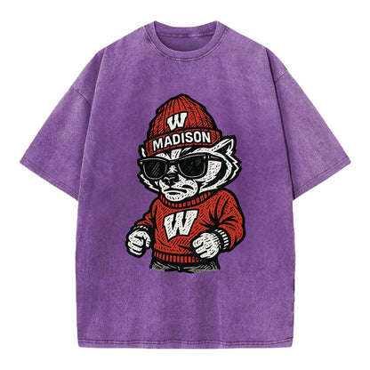 Madison Badger wearing Wisconsin beanie with motion W patch - Vintage T-shirt - Purple