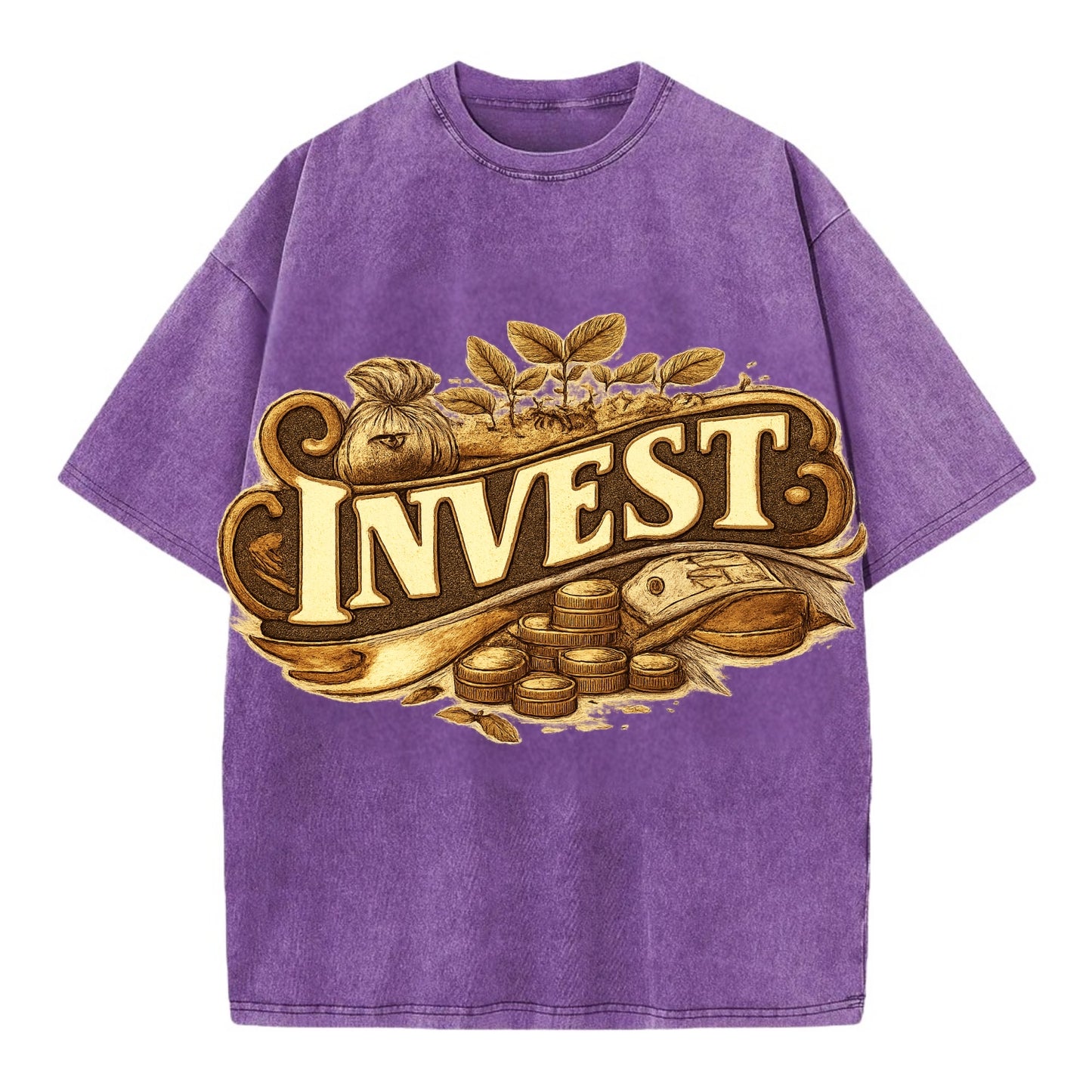 Bold typography design - "INVEST" - growing money, smart decisions - Vintage T-shirt - Purple
