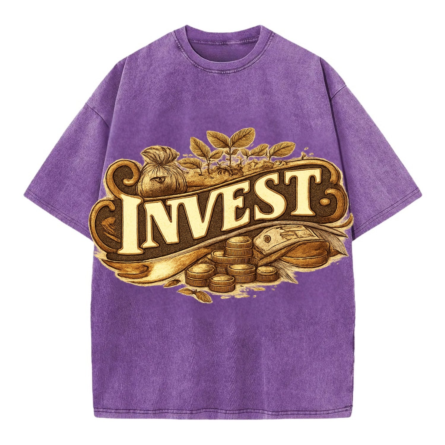 Bold typography design - "INVEST" - growing money, smart decisions - Vintage T-shirt - Purple