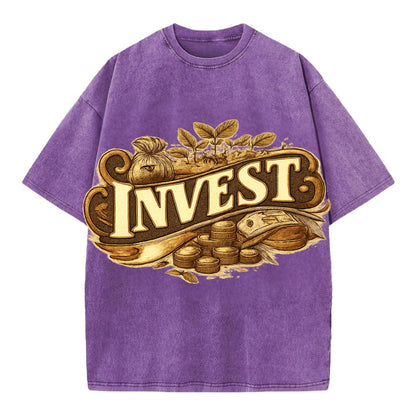 Bold typography design - "INVEST" - growing money, smart decisions - Vintage T-shirt - Purple