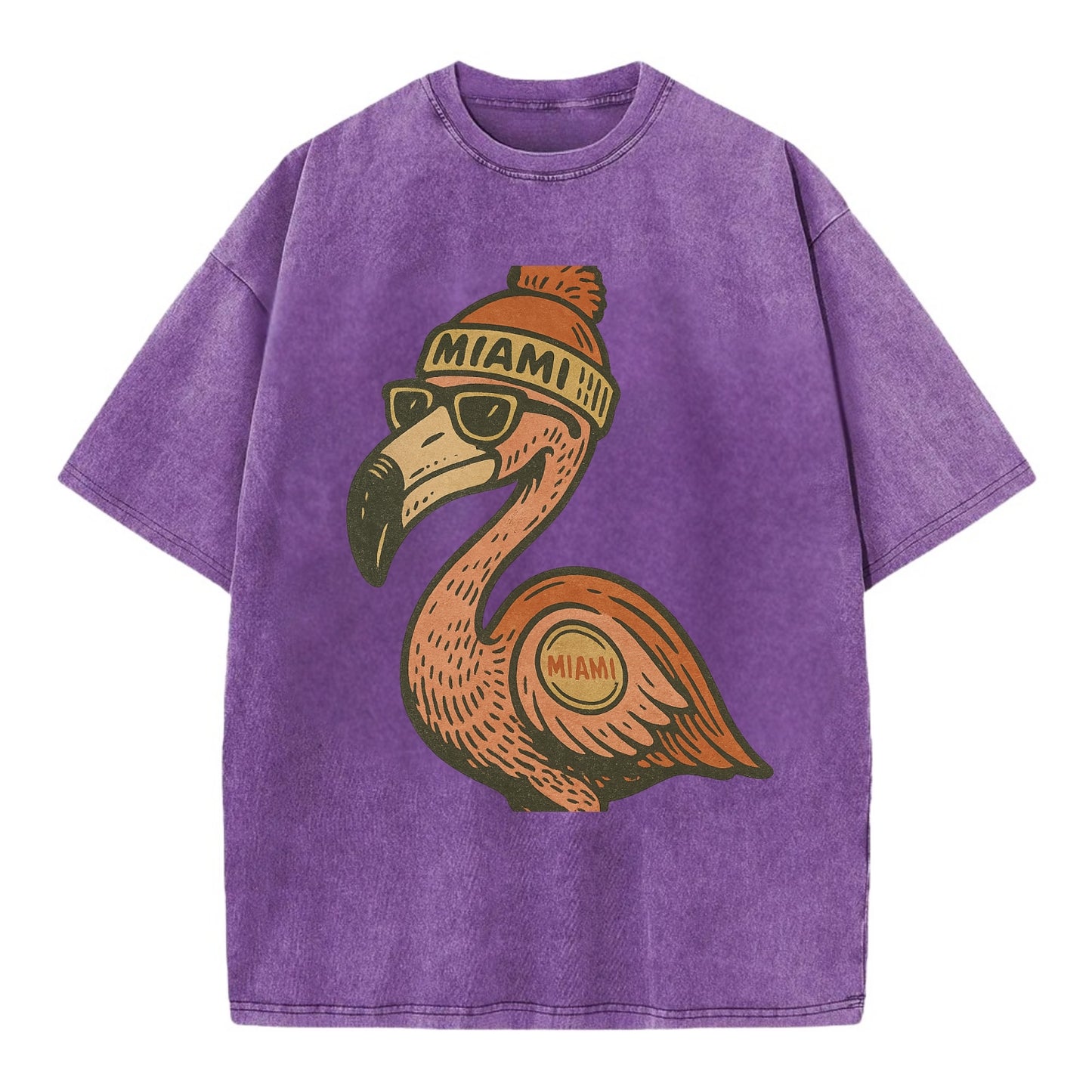 Miami Flamingo wearing Miami beanie with pom pom and wayfarer sunglasses - Vintage T-shirt - Purple