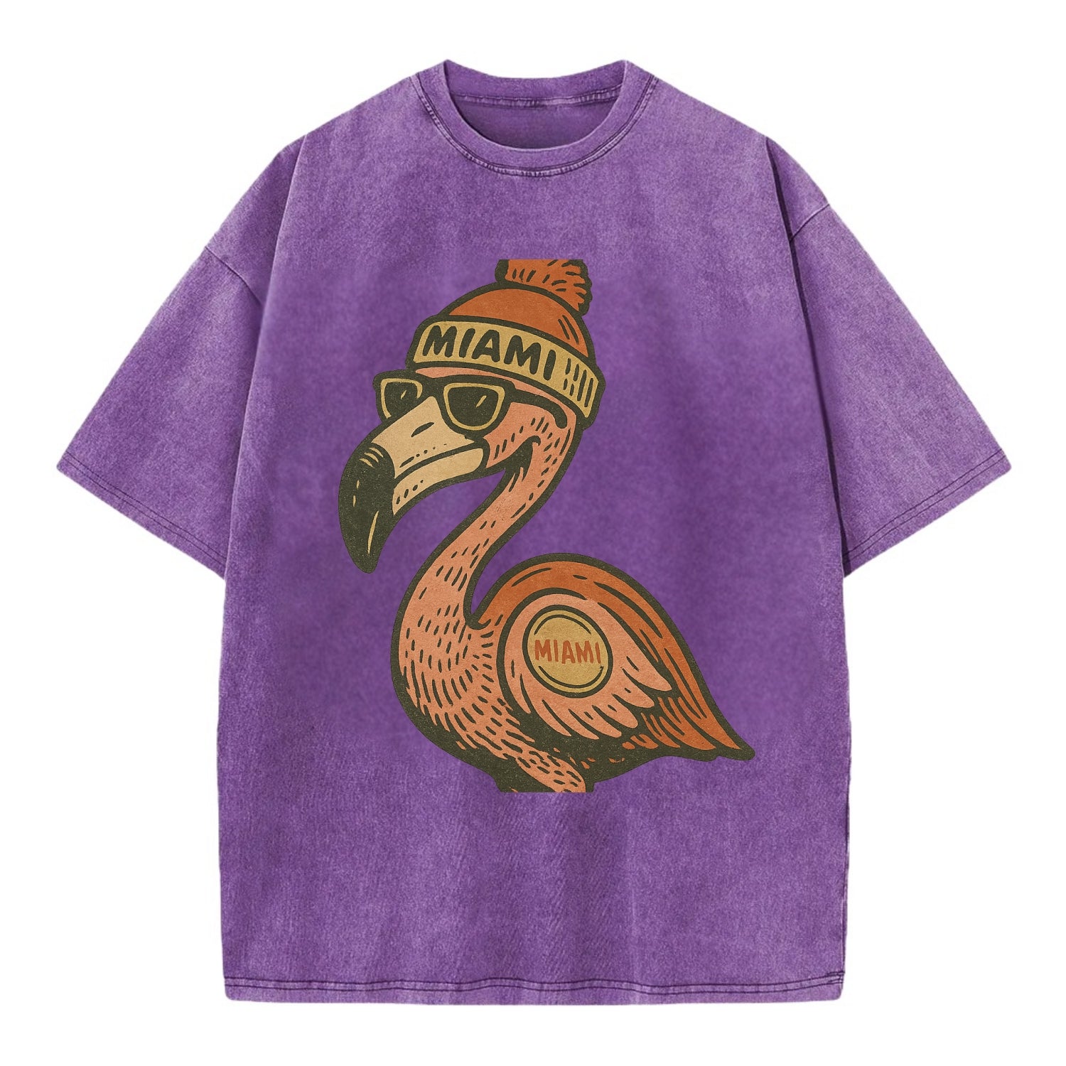Miami Flamingo wearing Miami beanie with pom pom and wayfarer sunglasses - Vintage T-shirt - Purple
