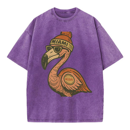 Miami Flamingo wearing Miami beanie with pom pom and wayfarer sunglasses - Vintage T-shirt - Purple