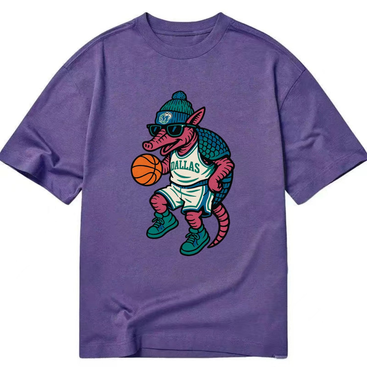 Dallas Armadillo wearing Mavericks beanie with cowboy hat patch and wayfarer - Classic T-shirt - Purple