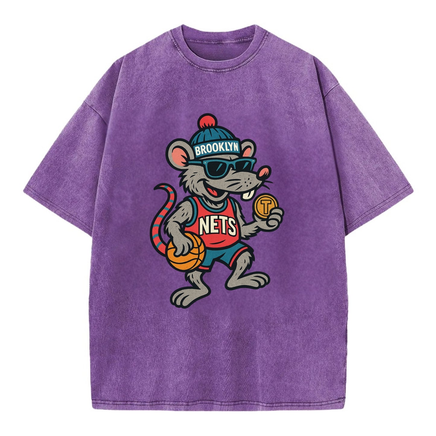 Brooklyn Rat wearing Nets beanie with subway token and wayfarer sunglasses - Vintage T-shirt - Purple