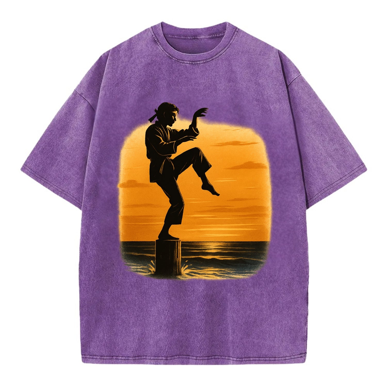 karate crane kick pose on wooden post at beach sunset - Vintage T-shirt - Purple
