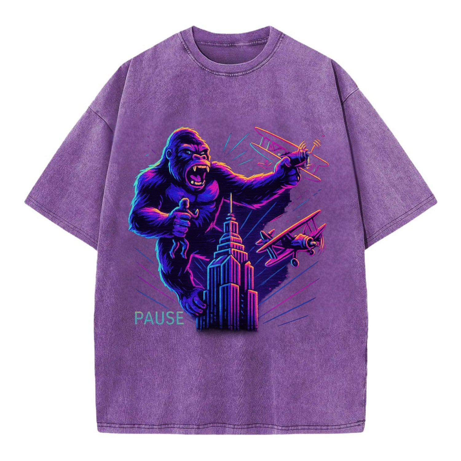 giant gorilla on top of skyscraper holding small figure, swatting planes - Vintage T-shirt - Purple