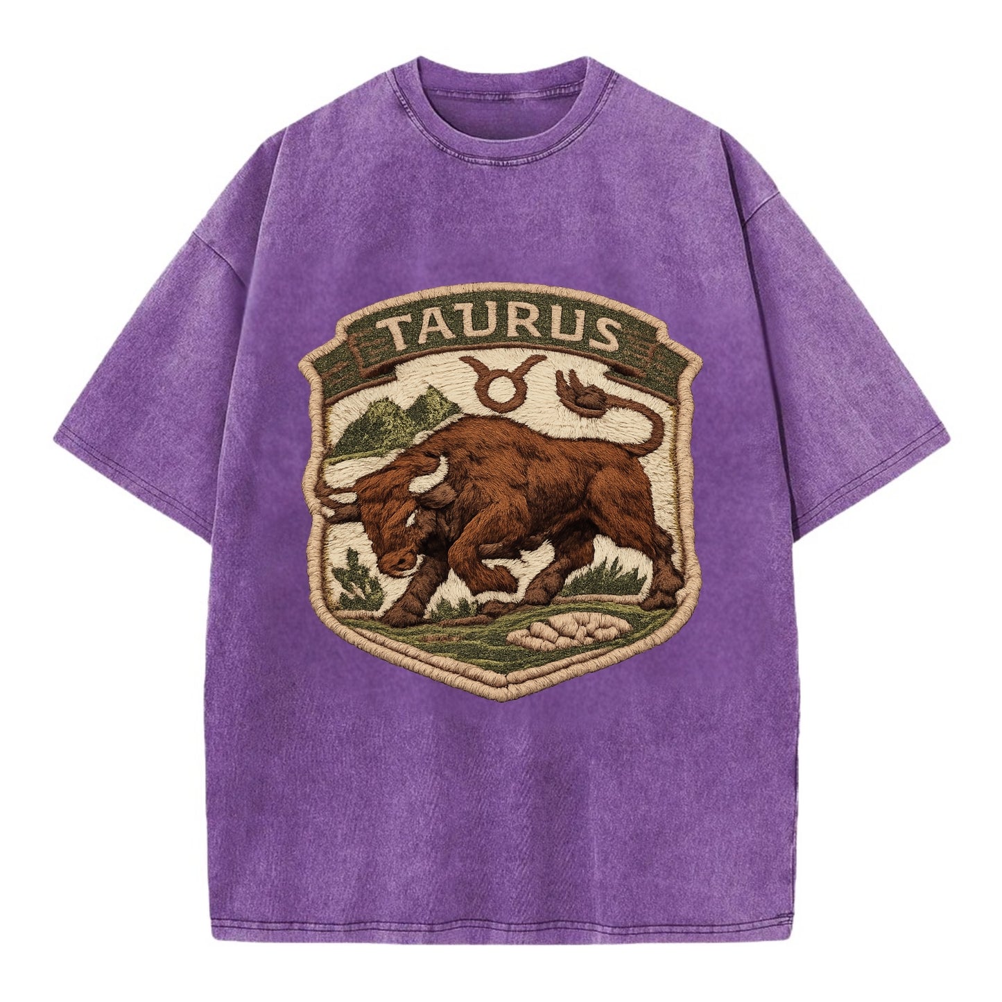 TAURUS BULL - strong bull in brown and green , earth sign - Vintage T-shirt - Purple