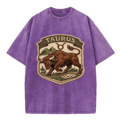 TAURUS BULL - strong bull in brown and green , earth sign - Vintage T-shirt - Purple