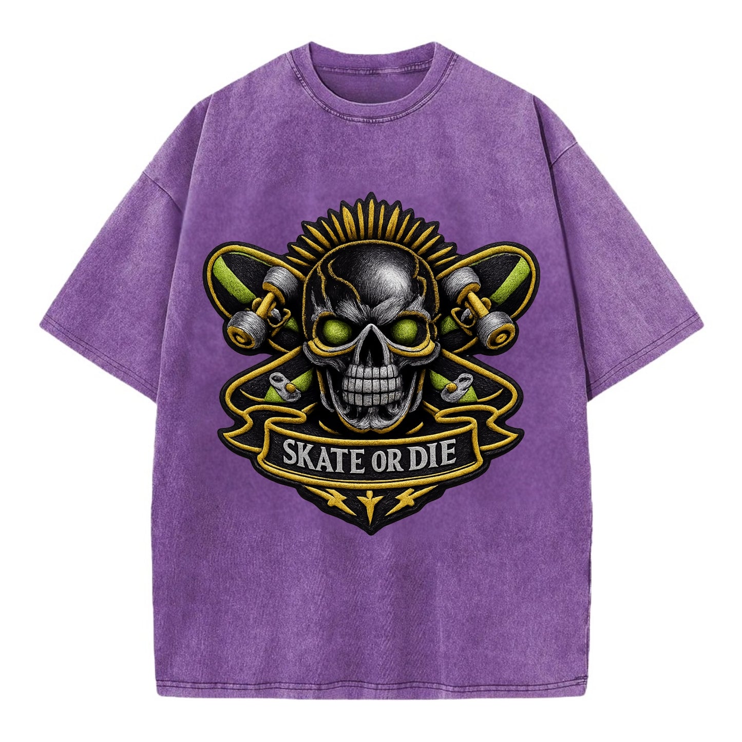 Embroidered patch design - SKATEBOARD SKULL - skull with skateboard in black and - Vintage T-shirt - Purple