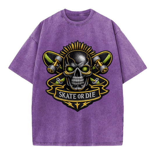 Embroidered patch design - SKATEBOARD SKULL - skull with skateboard in black and - Vintage T-shirt - Purple