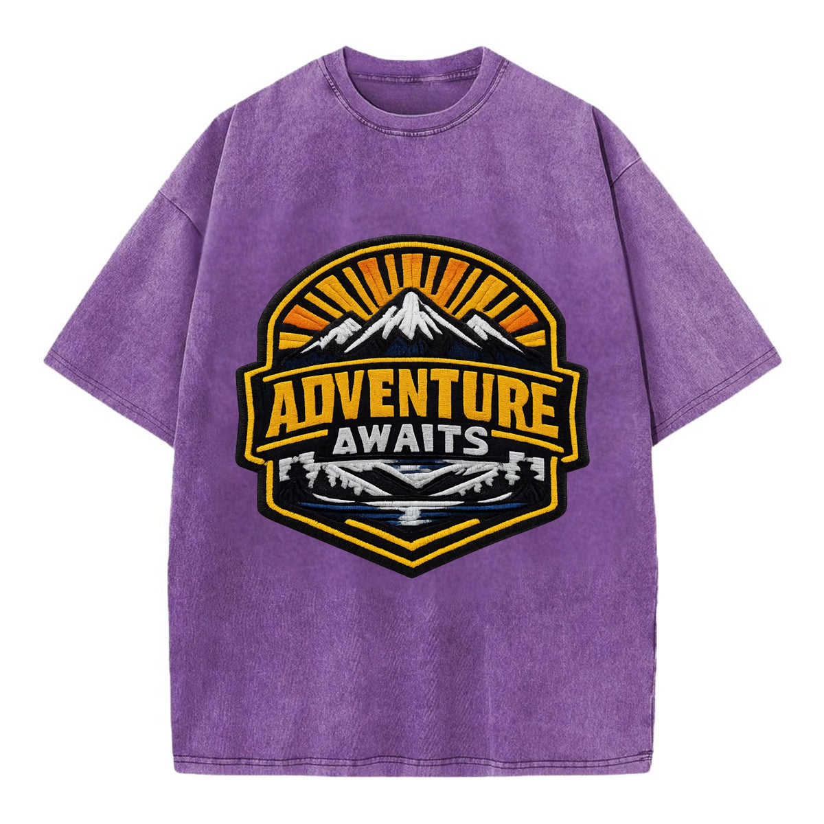 ADVENTURE AWAITS - mountain sunrise with text in gold and blue , wanderlust - Vintage T-shirt - Purple