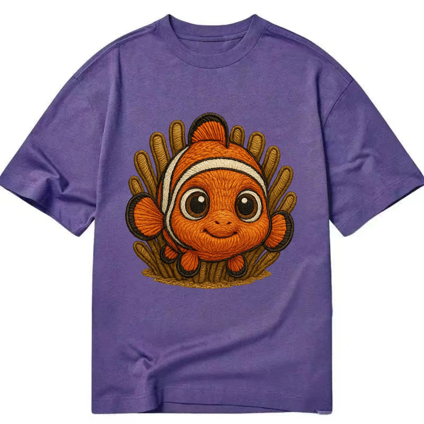 Baby Clownfish - orange with white stripes, big round eyes, front-facing in - Classic T-shirt - Purple