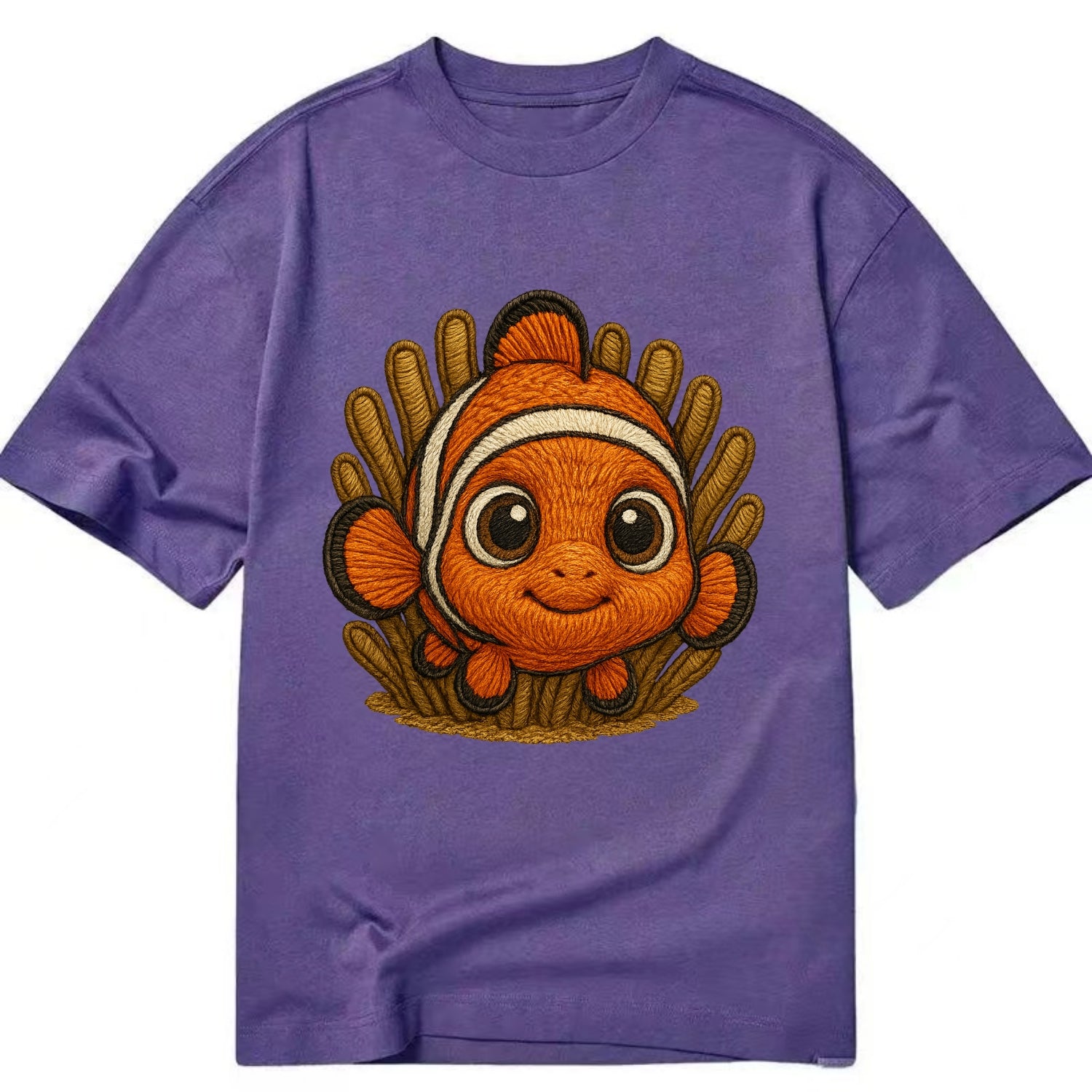 Baby Clownfish - orange with white stripes, big round eyes, front-facing in - Classic T-shirt - Purple