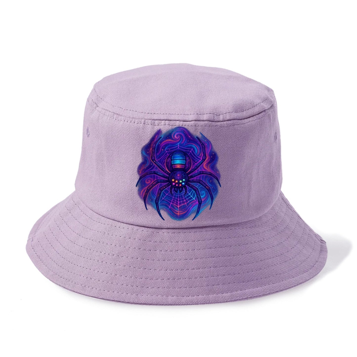 Tech spider with legs showing circuit board patterns, web glowing in neon grid lines, - Bucket Hat - Purple