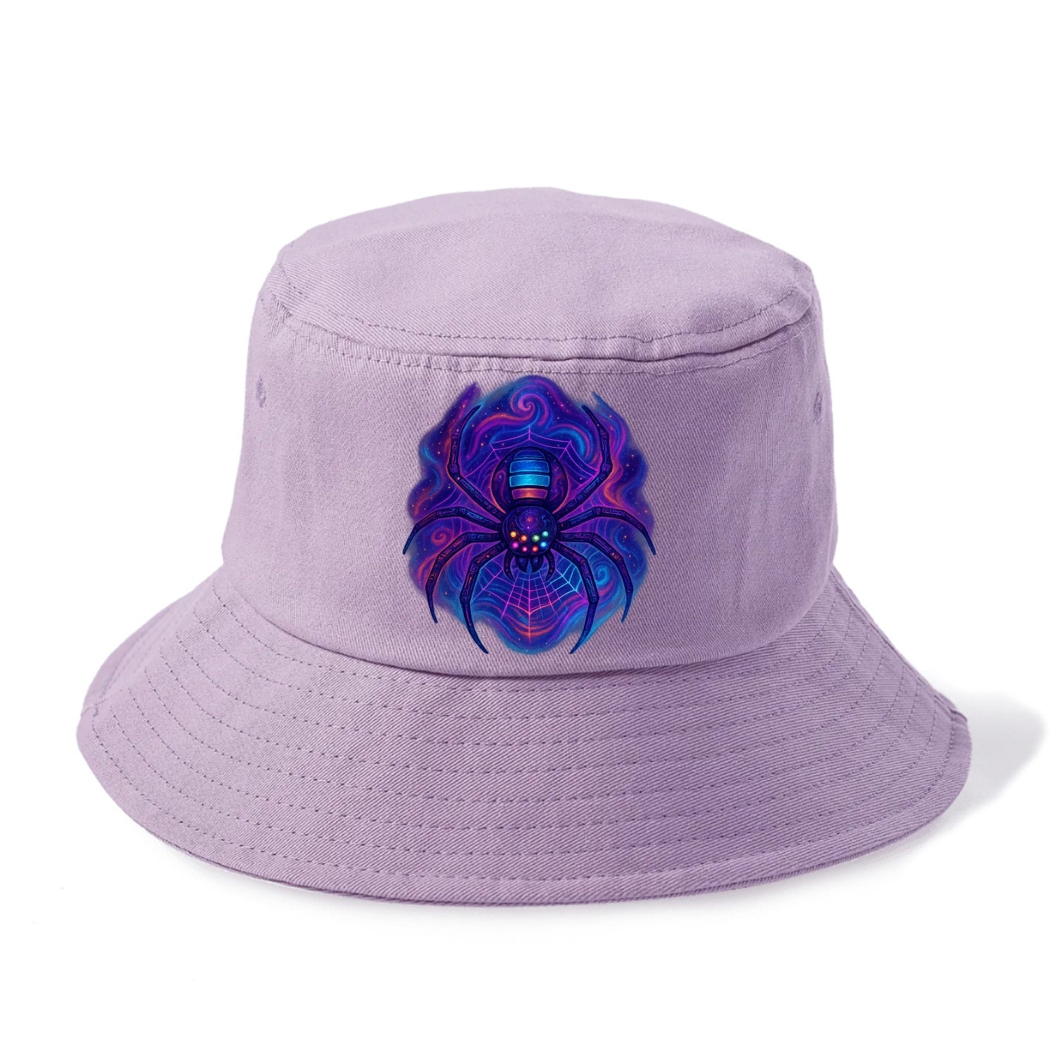 Tech spider with legs showing circuit board patterns, web glowing in neon grid lines, - Bucket Hat - Purple