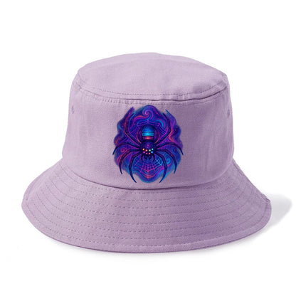 Tech spider with legs showing circuit board patterns, web glowing in neon grid lines, - Bucket Hat - Purple