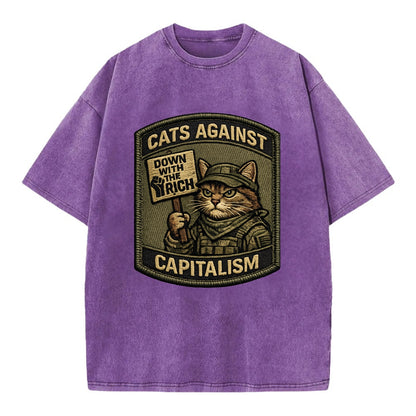 CATS AGAINST CAPITALISM - cat with protest sign in red , political cat - Vintage T-shirt - Purple