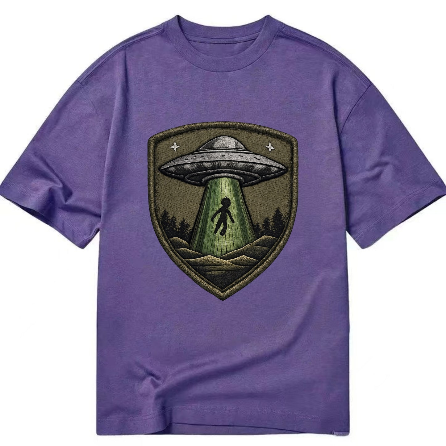 UFO ALIEN - flying saucer with beam in silver and green , extraterrestrial - Classic T-shirt - Purple