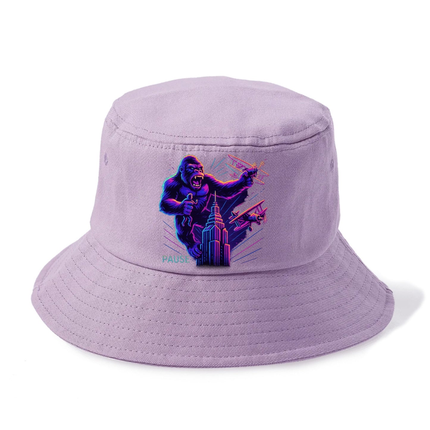 giant gorilla on top of skyscraper holding small figure, swatting planes - Bucket Hat - Purple
