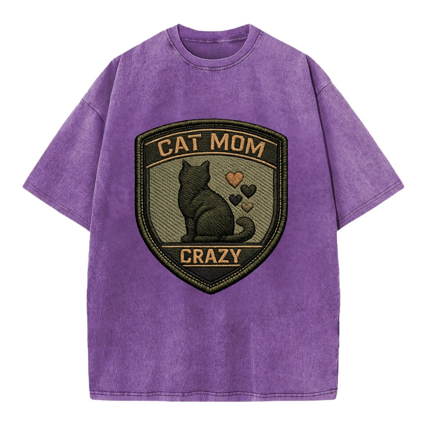 CAT MOM CRAZY - cat silhouette with hearts in purple , cat lady - Vintage T-shirt - Purple