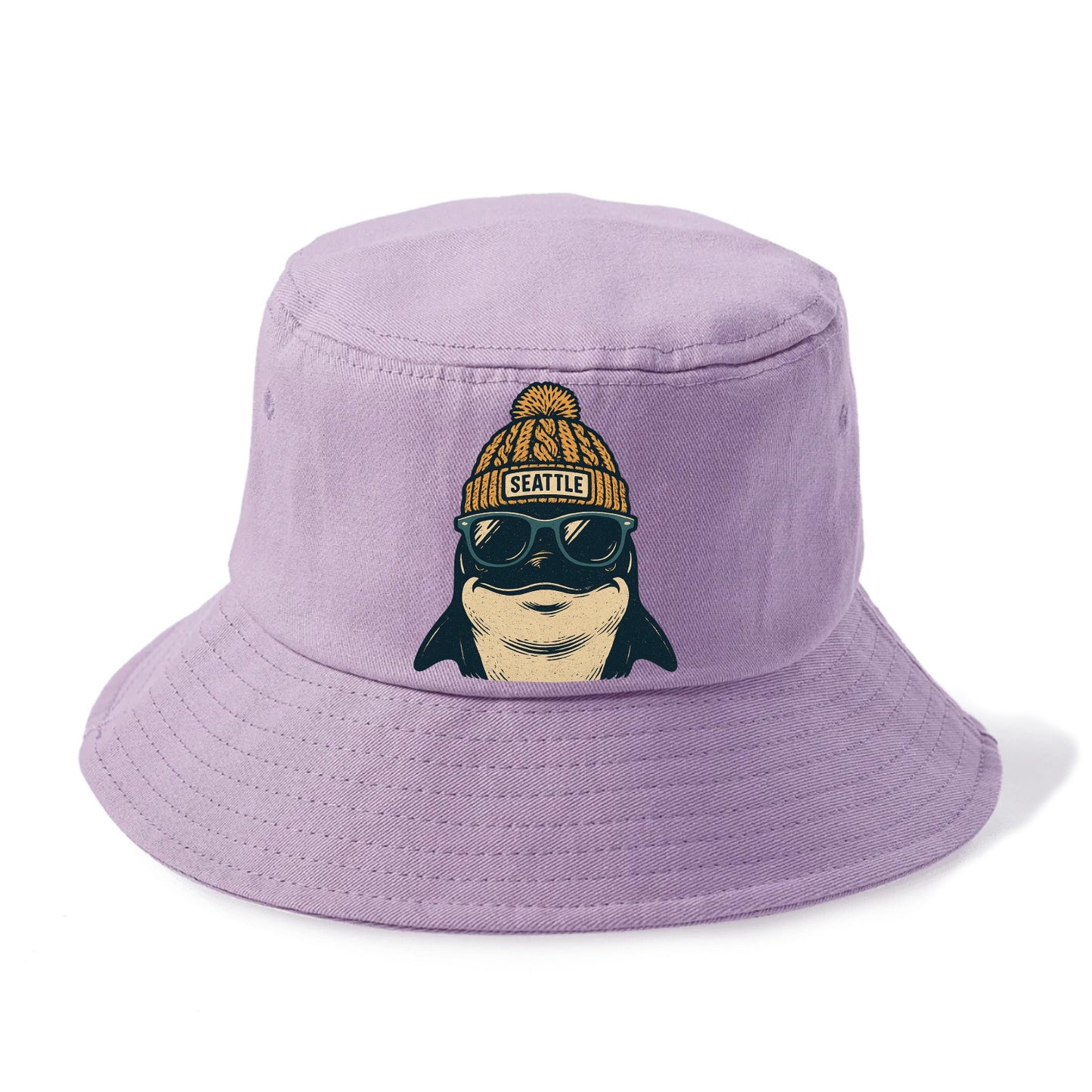 Seattle Orca wearing Seattle beanie with pom pom and wayfarer sunglasses - Bucket Hat - Purple